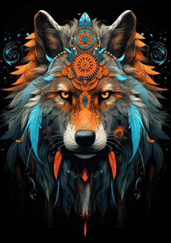 Wolf With Coloured feathers in his head