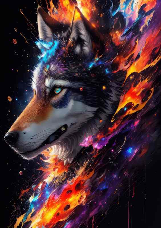 Wolf alinged with the nebula space splash art style