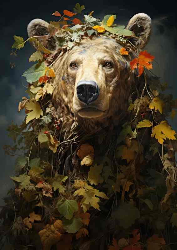 brown Bear encased in a bunch of leaves