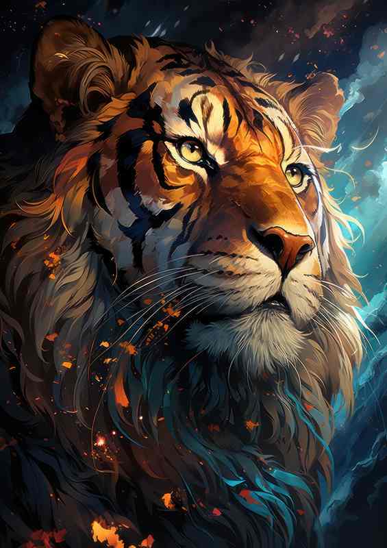 painted tiger with nice colours and embers flowing