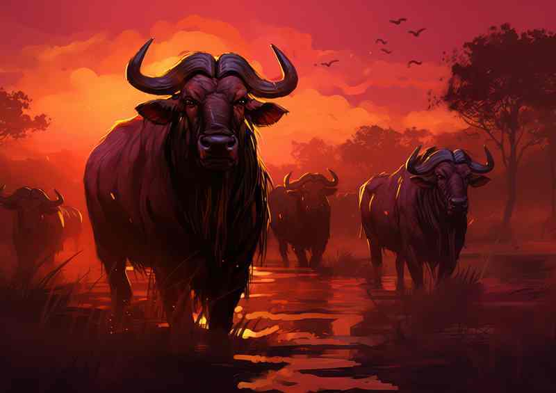 A Heard Of Wilderbeasts Anf the setting sun behind them