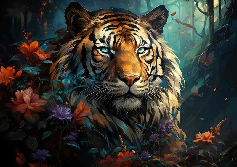 A Painted style Tiger surrounded by colourful flowers