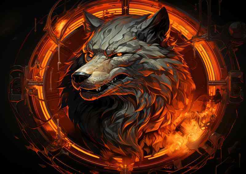 A Wolf And A Frame with a glowing fire