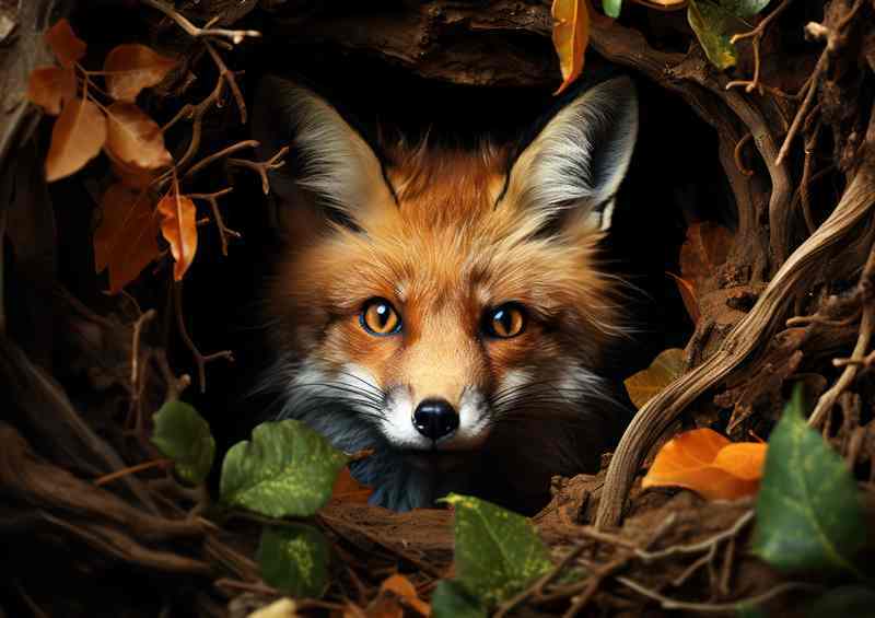 A fox inside the hole in the woodlands