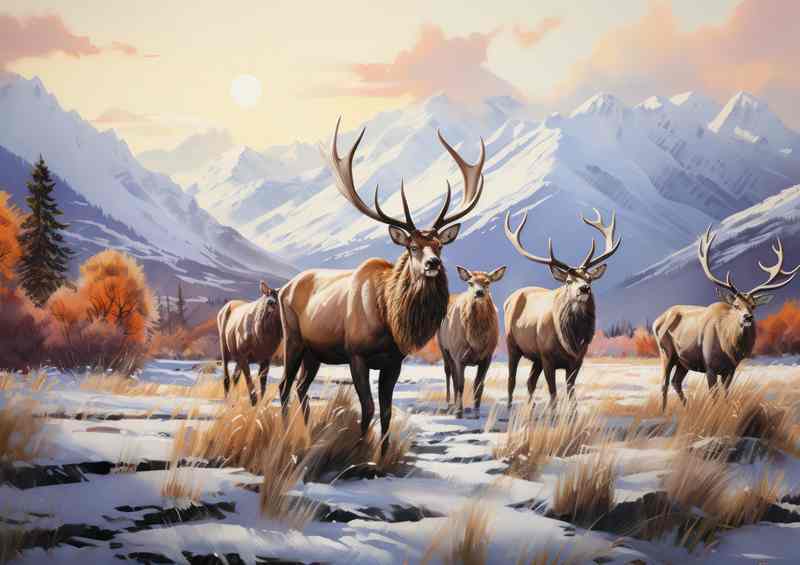 A group of elk standing near a snowy mountain scene