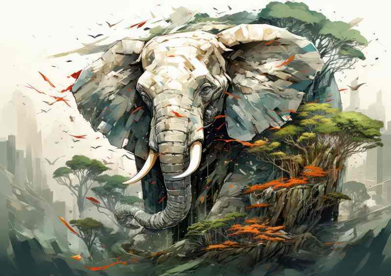 An Elephant on a mountain scene with forest trees