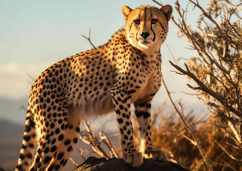 Cheetah standing on a rock overlooking the survanna