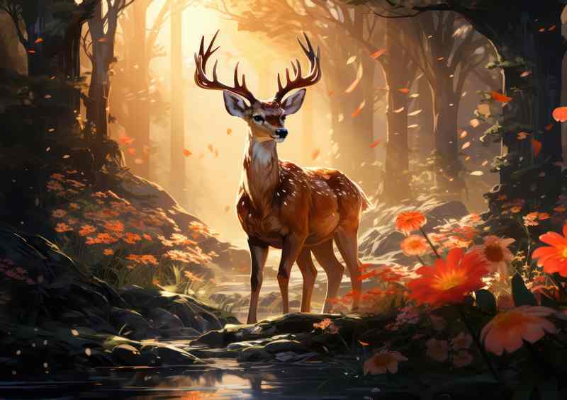 Day light shining through the forest with a deer