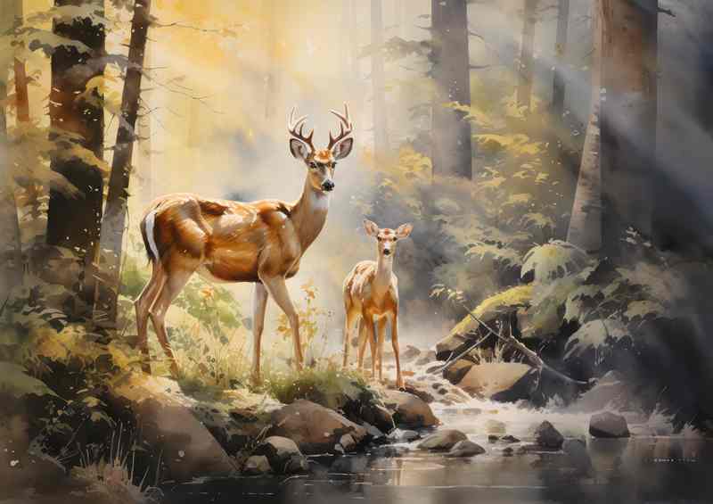 Deer And Baby in The Forest In The Sun