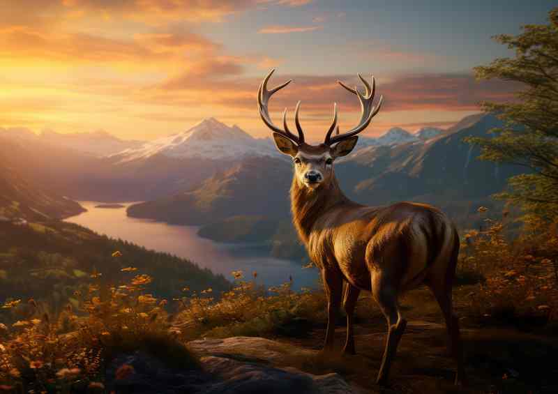 Deer By the river on a mountain top
