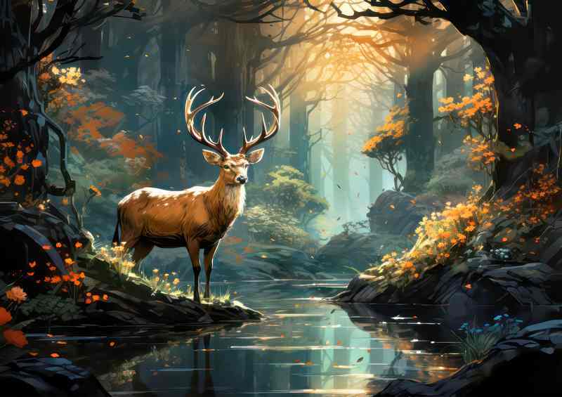 Deer in the forest by the stream