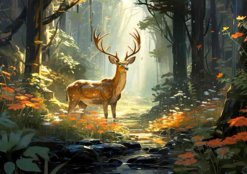 Deer in the woodland by the stream