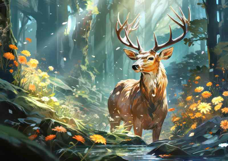 Deer walking in the stream in the woodland