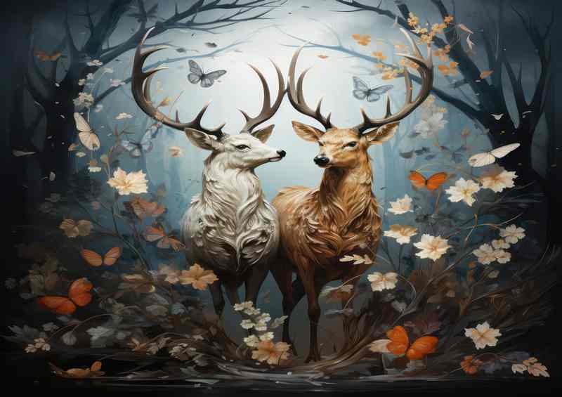 Deers surrounded by butterflys and flowers art style
