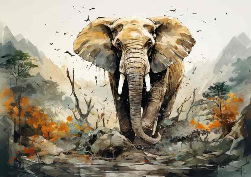 Elephant walking through the vally of mountains