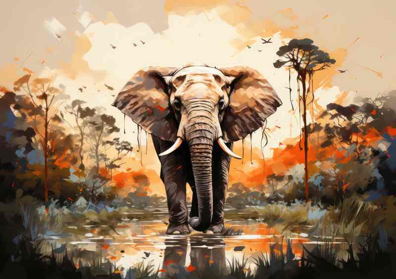 Elephant with reflections in the water stream