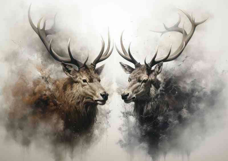 Elks In the morining mist watercolour style art