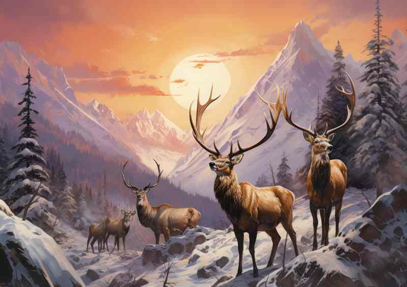 Elks an the mountain tops with a setting sun