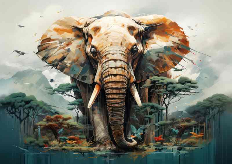 Giant Elephant with mountains and forest behind him