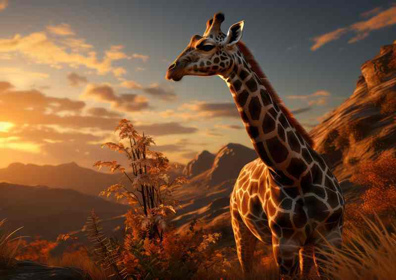 Giraffe in the evening beside the mountains