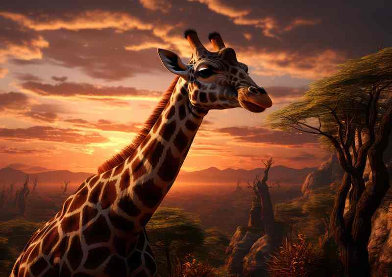 Giraffe in the savanna at sunset time