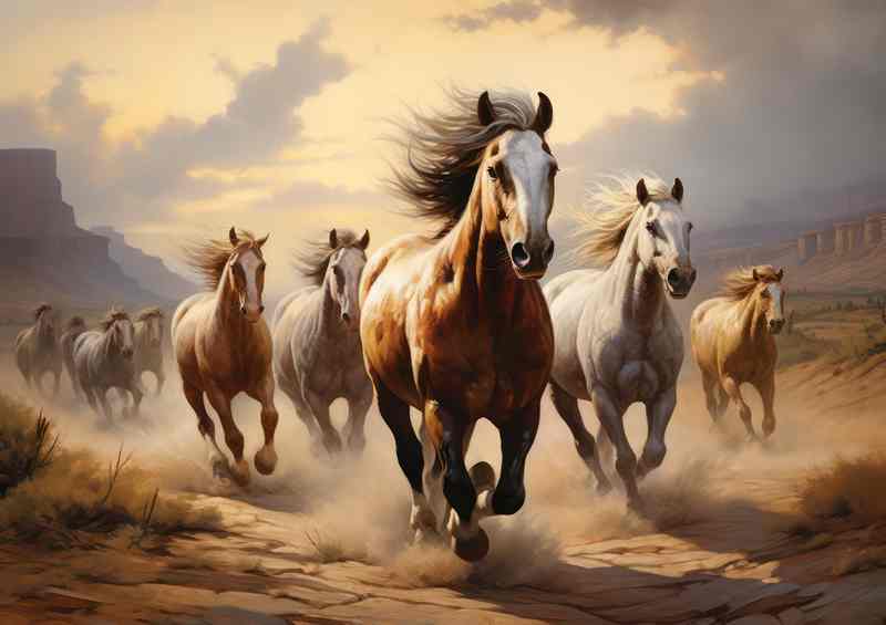 Horses running through the fiels kicking up the dirt
