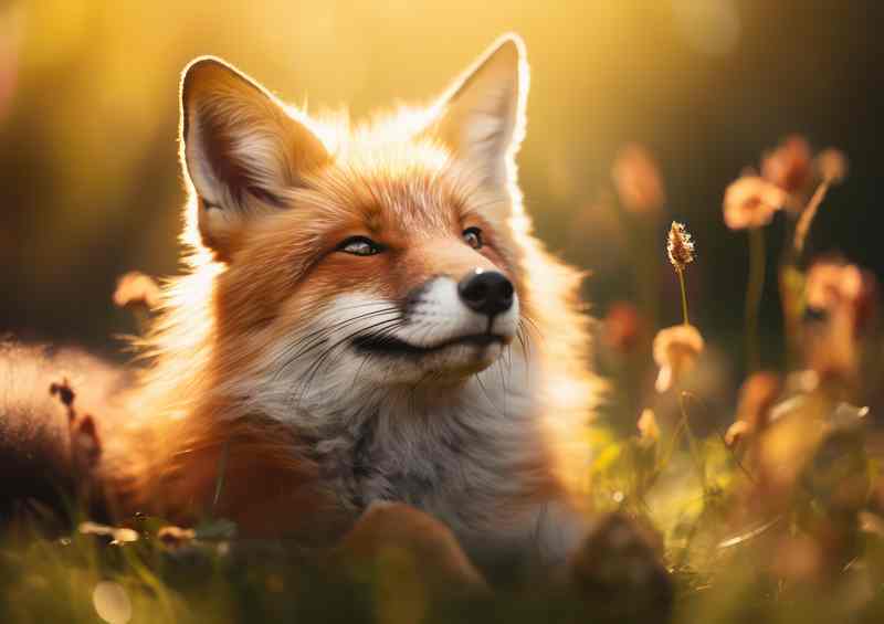 Laying down in the grass a fox enjoying the morning sun