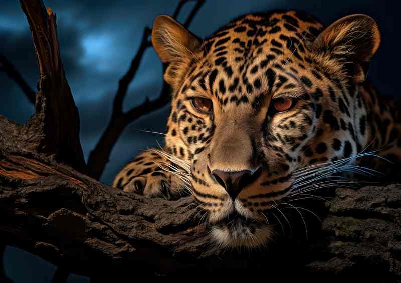 Leopard head resting on a wood branch striking eyes