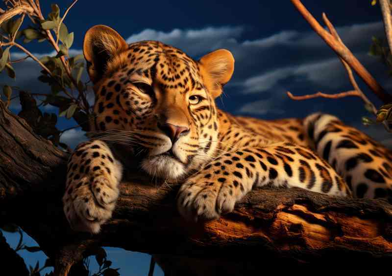 Leopard lying on a branch up in the tree resting