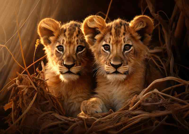Lion cubs with a ray of sunlight shining through