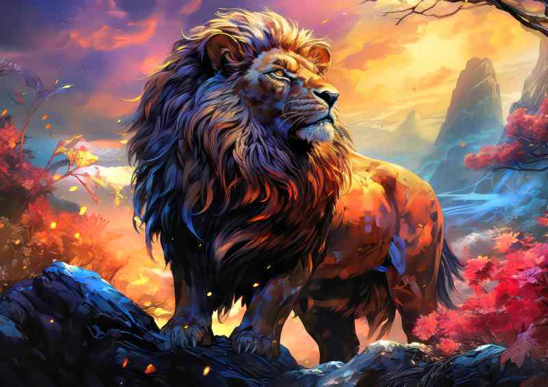 Lion on top of the rocks in the mountains