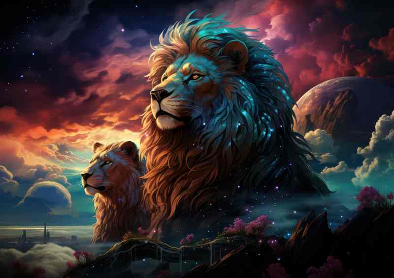Lions and Lioness with the moon and night sky