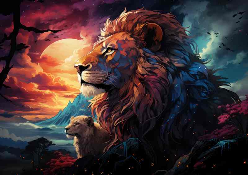 Lions with the setting sun and amazing skyline
