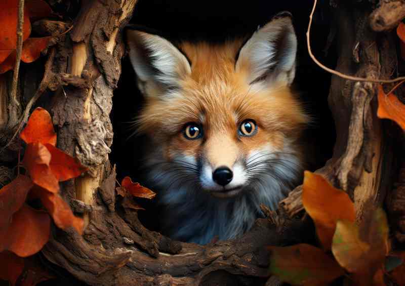 Little fox in its hole the the autumn