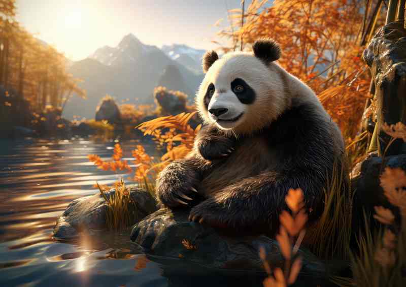 Panda by the river mountains in the background