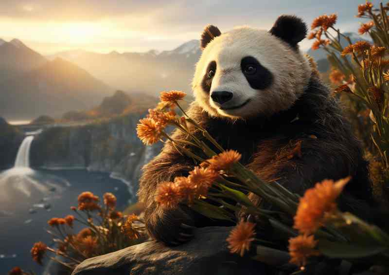 Panda with waterfall and sun glowing