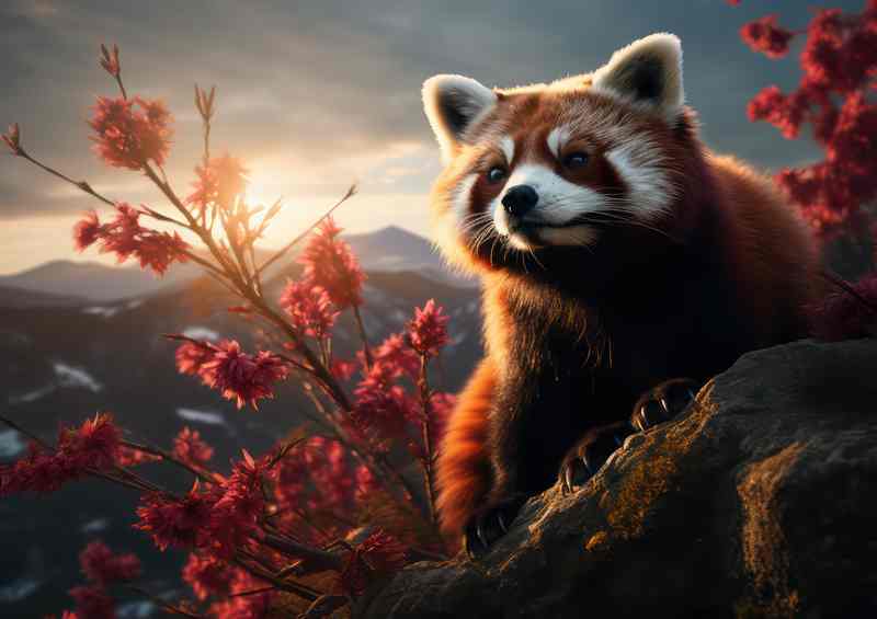 Red Panda In the wilderness with the setting sun