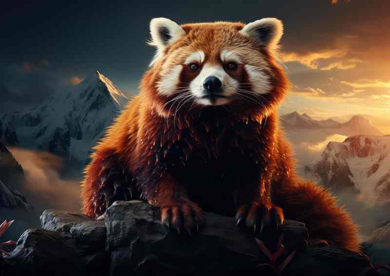Red panda on the top of the mountain rocks