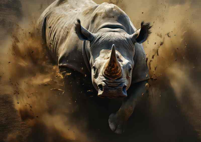 Rhino on a charge kicking up the dirt