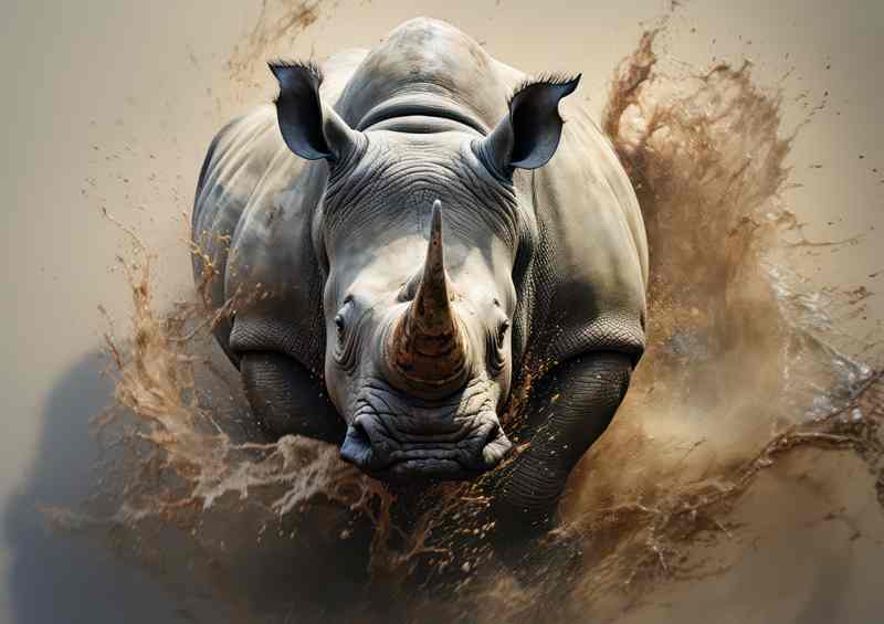 Rhino on the run in the mist of all the dirt