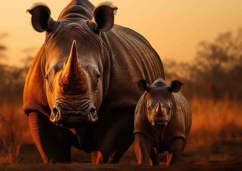 Rhino with her calf in the african savanna