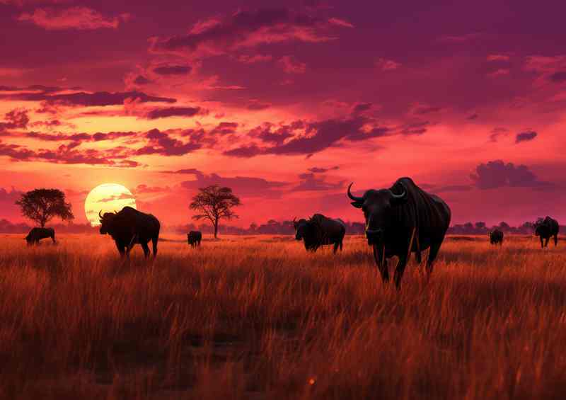Setting sun with a group of wilderbeasts