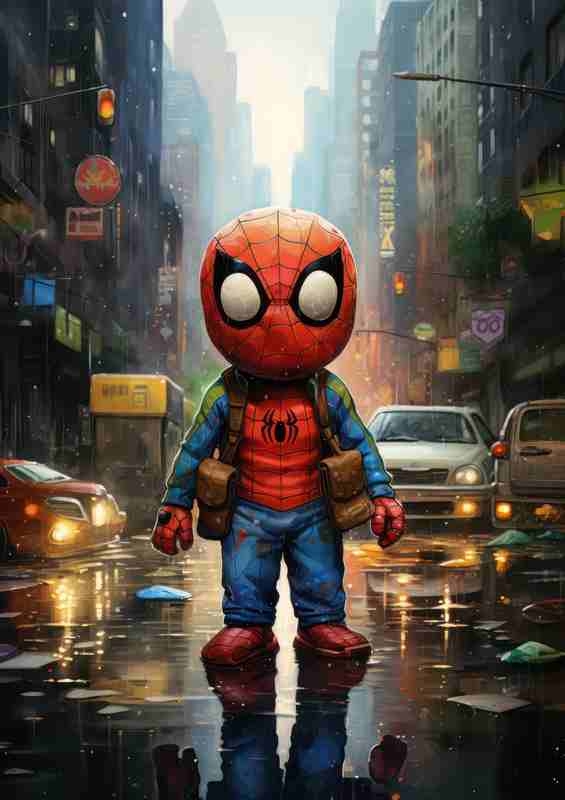 A little spider man standing in the traffic of the city