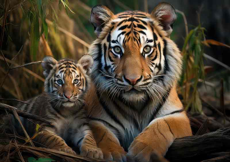 Tiger and her cub resting by the river bank
