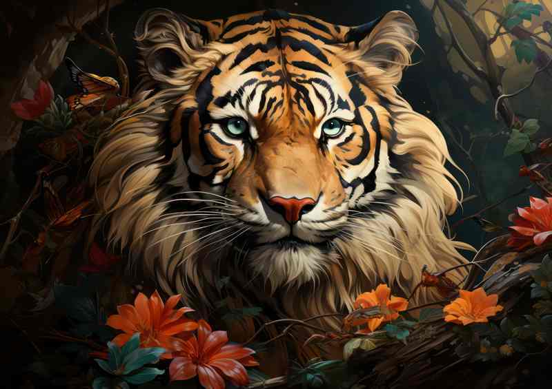 Tiger in the jungle surrounded by flowers