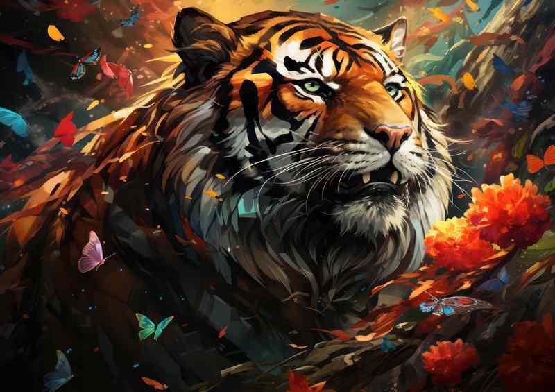 Tiger surrounded by birds and flowers