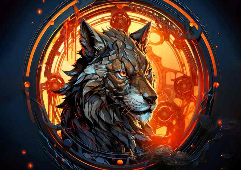 Wolf surrounded by fire in a frame fantasy