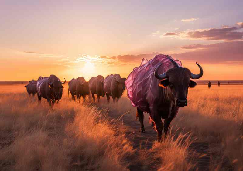 large buffalow on a trail with the sun setting