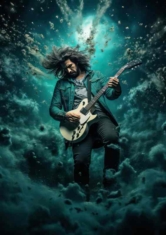 The guitar player is up in the air