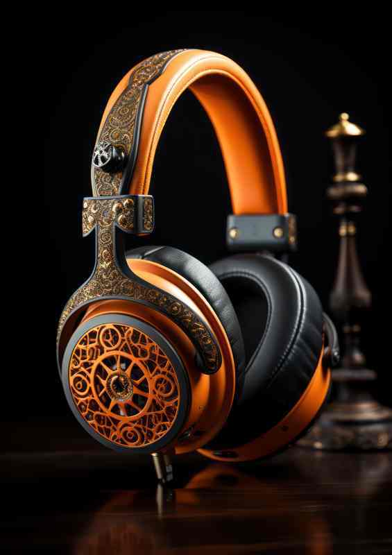 The headphones are placed on a wooden surface
